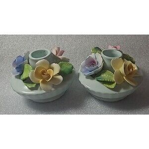 2x Vtg Thorley Staffordshire England Bone China Porcelain Floral Candle Holders